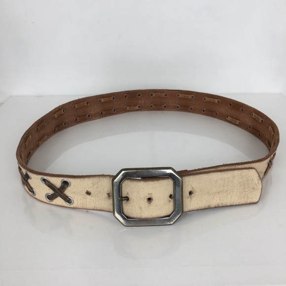True Religion Distress Leather Belt Metal Grommets Woven Leather Vintage Look - Picture 7 of 10
